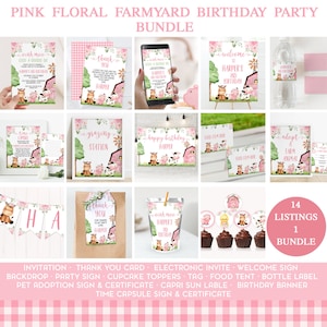 Editable Pink Barn Farm Birthday Party Printable Package, Editable Girls Pink Floral Farmyard Birthday Decor, Farm Party Printables Bundle,