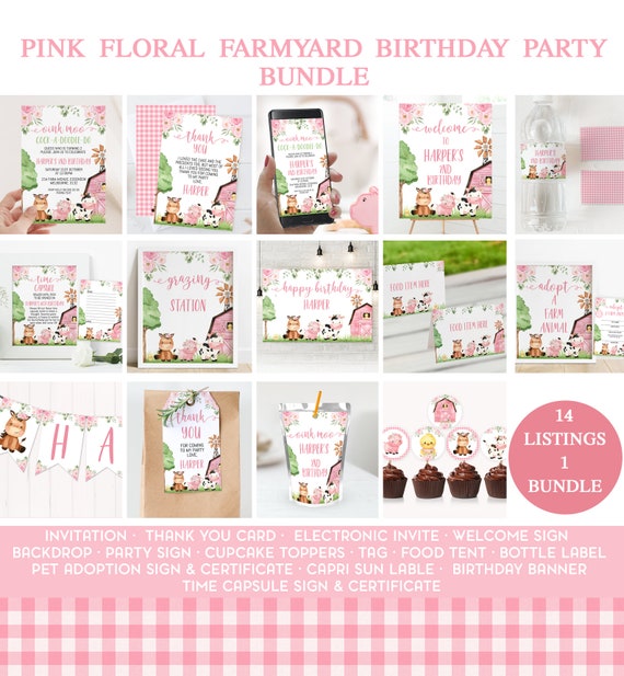 Editable Pink Barn Farm Birthday Party Printable Package, Editable Girls Pink Floral Farmyard Birthday Decor, Farm Party Printables Bundle, Il_570xn