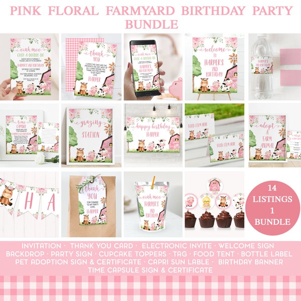 Editable Pink Barn Farm Birthday Party Printable Package, Editable Girls Pink Floral Farmyard Birthday Decor, Farm Party Printables Bundle,