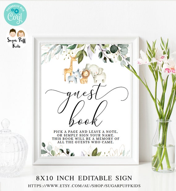 Editable Safari Baby Shower Guest Book Sign, Printable Jungle Animals