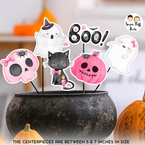 Centros de mesa de cumpleaños instantáneos de Halloween Rosa, Decoración de 6 recortes de Halloween, Gato negro imprimible, Centros de mesa de fantasmas, Centros de mesa de Halloween
