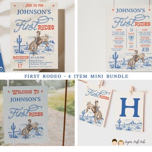 Boys First Rodeo Birthday Bundle, Blue Red First Rodeo Birthday Invitation, Rodeo Party Decor, Bronco, Rope Text, Red Blue, Wild West,Cowboy