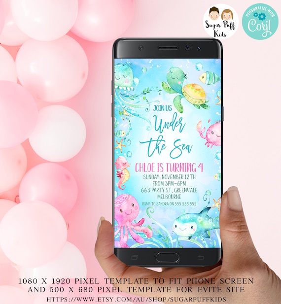 Editable Electronic Sea Creatures Turtle Birthday Invite, Editable Under the Sea Text Invitation, Instant Phone Text Sea Critters Evite, Il_570xn