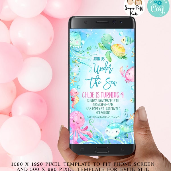 Editable Electronic Sea Creatures Turtle Birthday Invite,  Editable Under the Sea Text Invitation, Instant Phone Text Sea Critters Evite,