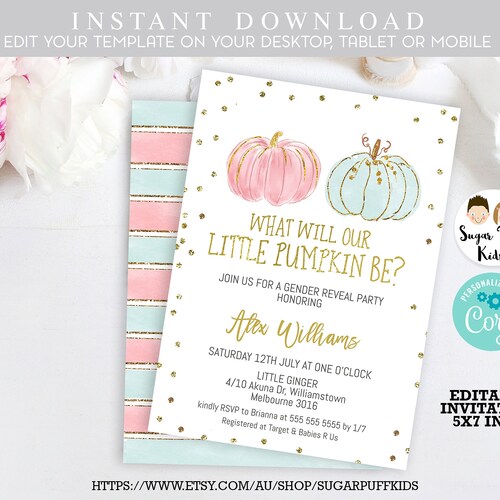 PUMPKIN Gender Reveal Invitation Template Fall Invite | Etsy