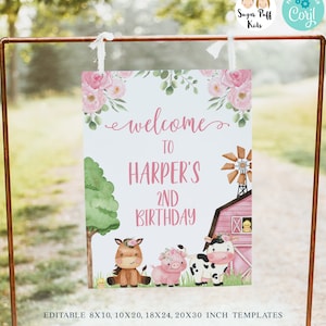 Panneau de bienvenue imprimable à la ferme floral rose, panneau de bienvenue instantané pour fête des animaux de la ferme, animaux de la ferme rose, affiche de bienvenue à la ferme modifiable,