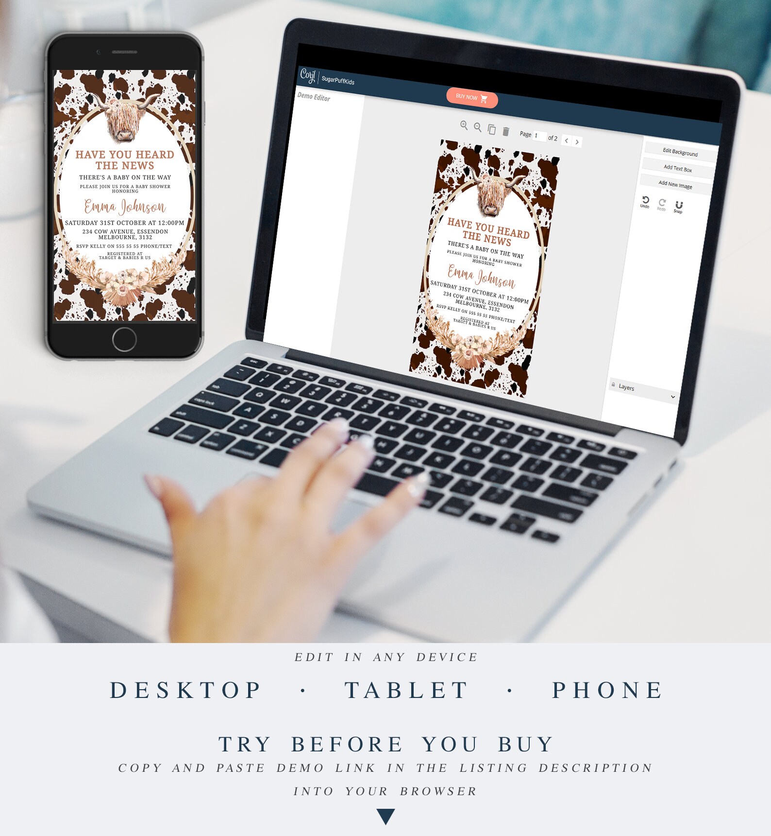 Editable Boho Highland Cow Baby Shower Text Invite Electronic - Etsy