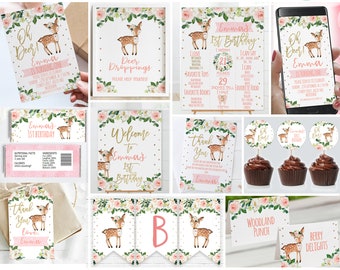 Oh Deer Birthday Party Printable Package, Instant Download Oh Deer Birthday Party Decor, Pink Floral Deer, Deer Printable Package,