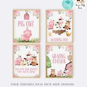 Printable Four Girls Pink Farm Birthday Signs, Girl Editable Pink Barnyard BIrthday Signs Set, Instant Download Farmyard Birthday Party Sign