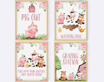 Printable Four Girls Pink Farm Birthday Signs, Girl Editable Pink Barnyard BIrthday Signs Set, Instant Download Farmyard Birthday Party Sign