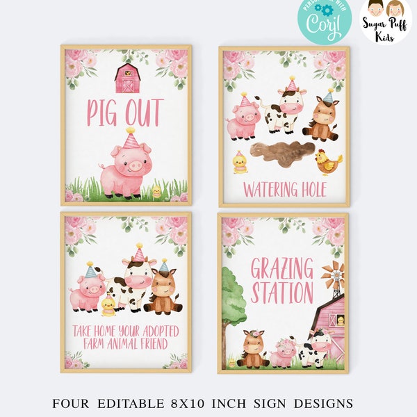 Printable Four Girls Pink Farm Birthday Signs, Girl Editable Pink Barnyard BIrthday Signs Set, Instant Download Farmyard Birthday Party Sign