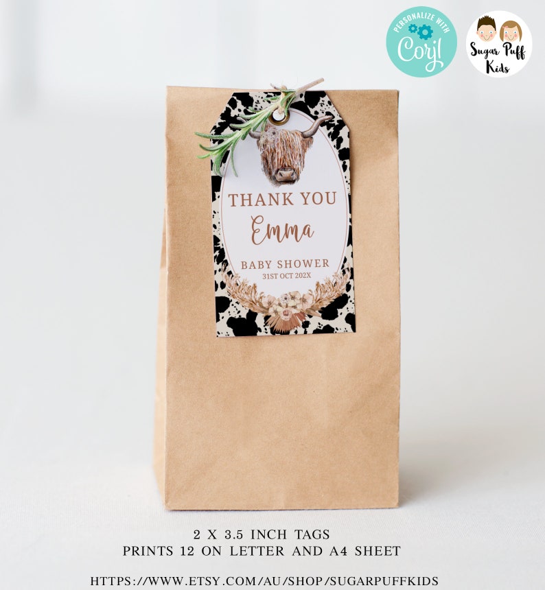 Editable Highland Cow Baby Shower Favor Tag Printable Boho Floral Brown Cow Tag Instant Download Cow Print Tag Cowhide