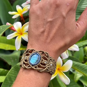 Labradorite macrame bracelet, Boho bracelet cuff, micromacrame Jewelry,  gift for her, Ibiza boho style, Goddess Flashy Labradorite jewelry