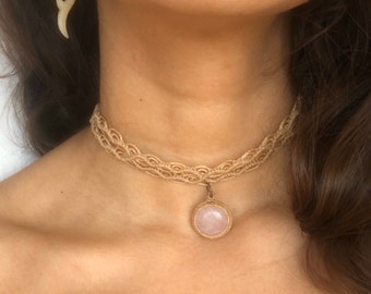 Rose Quartz Macrame Choker, Dainty, Boho Gemstone Necklace, custom color