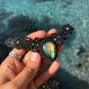 Labradorite macrame choker, elegant black necklace, Gothic, Goddess, Witch choker with stone, jewelry gift for her, black macrame, talisman