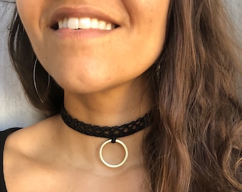Makramee Choker mit O-Ring, Schwarzes O Ring diskret Tageshalsband, Techno Schmuck, unisex, gothic, punk, Grunge Choker für ihre Sklavin schwarzes Halsband