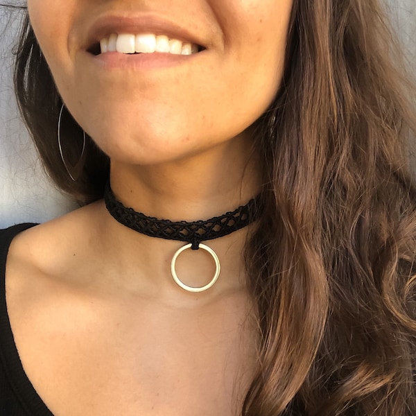 Makramee Choker mit O-Ring, Schwarzes O Ring diskret Tageshalsband, Techno Schmuck, unisex, gothic, punk, Grunge Choker für ihre Sklavin schwarzes Halsband