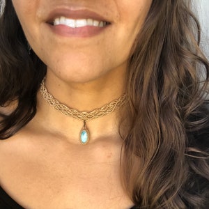 Larimar choker, macrame larimar pendant, collar choker with light blue stone, boho chic, sea lover, calming stone, Dominican larimar