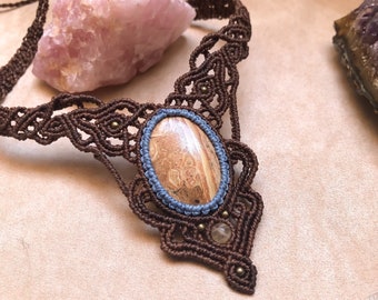 Macrame with stone, picture jasper necklace, goddess, spiritual, elven, earthy grounding stone, collana macrame, girlfriend gift