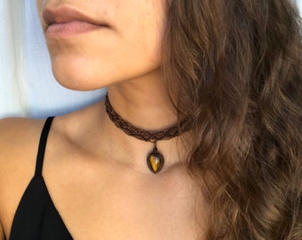 Tigers eye choker, custom macrame choker, dainty crystal choker, bohemian gemstone choker, jewelry gift for her, available in 9 colors