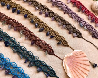 Tobillera tribal de macramé con fluorita, tobillera bohemia de verano