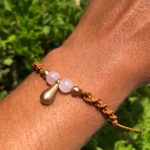 Minimalist rose quartz bracelet, simple boho jewelry, macrame bracelet with gold indian charm, friendship bracelet, gift for bestfriend