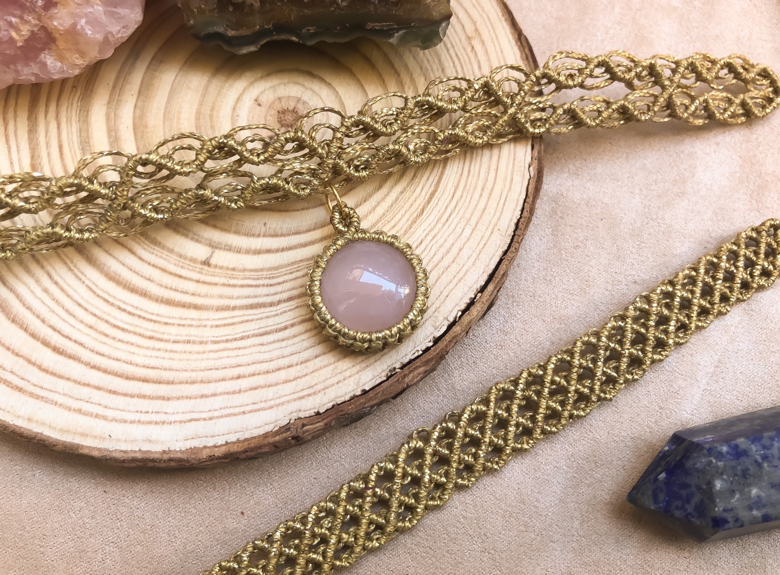 Rose quartz choker jewelry set gold macrame delicate set | Etsy