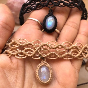 Zierlicher Mondstein Makramee Choker, Boho Kragen Halskette, Ras de cou, pierre lune Bild 2