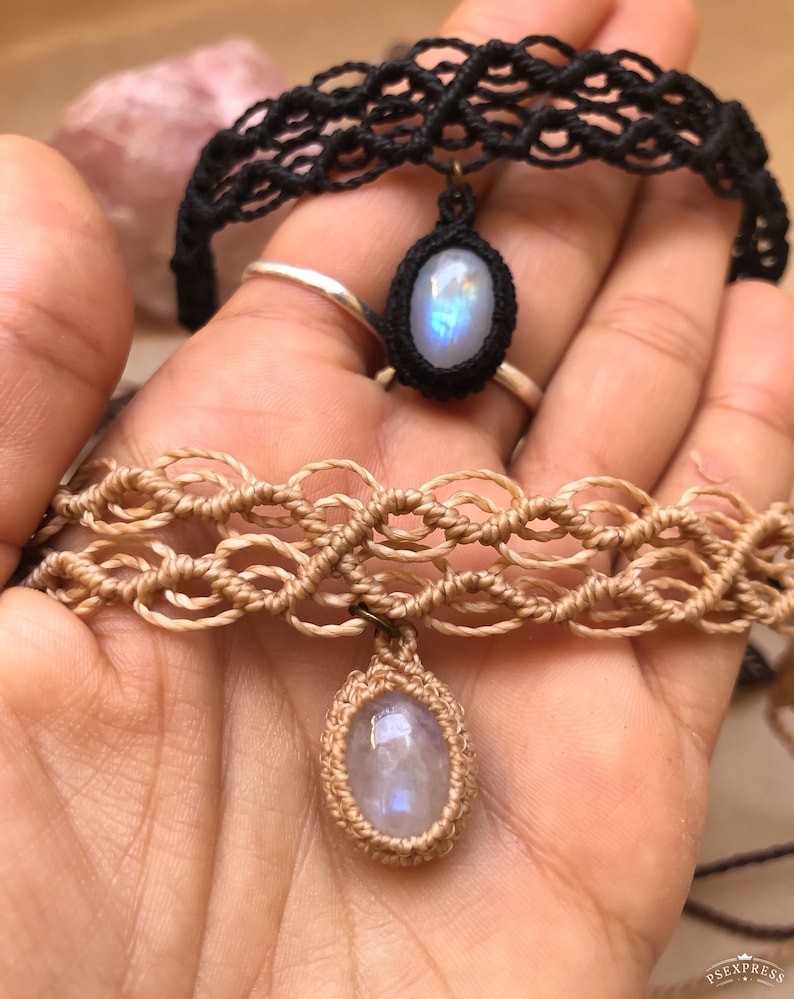Zierlicher Mondstein Makramee Choker, Boho Kragen Halskette, Ras de cou, pierre lune Bild 2