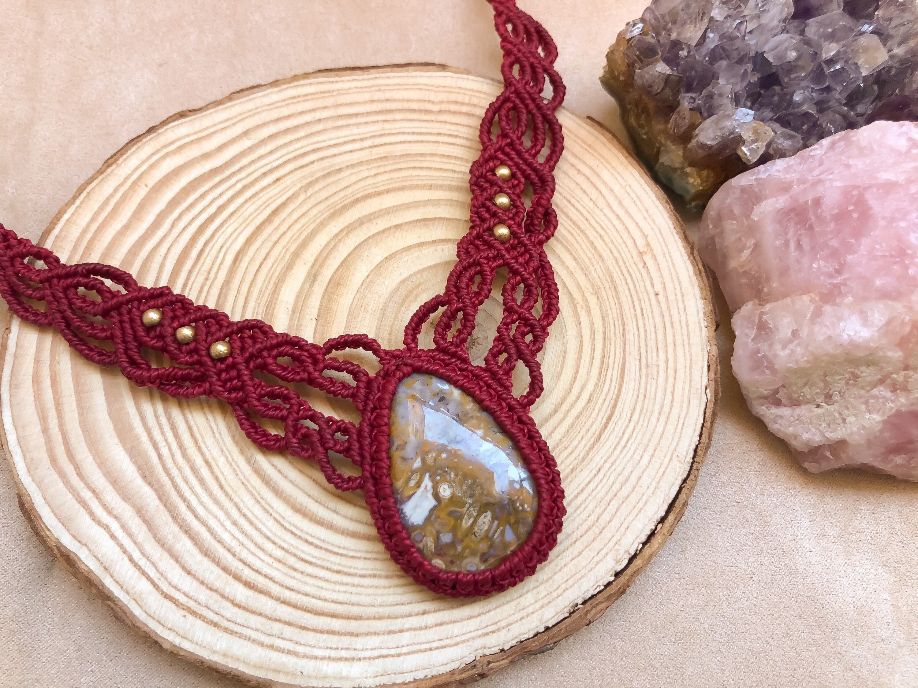 Red Macrame necklace crazy lace agate earthy stone jewelry | Etsy