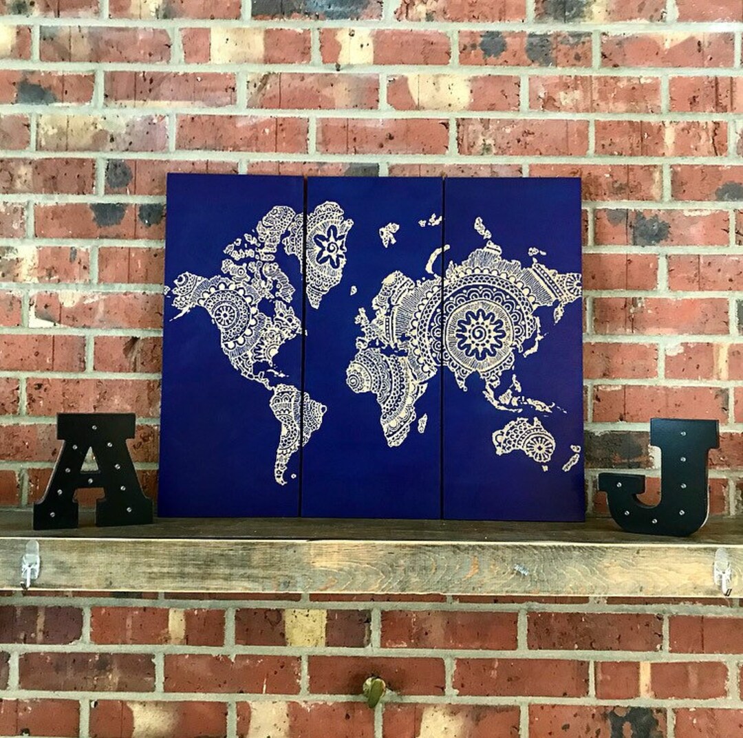 3 Panel World Map Mandala Wall Hanging - Etsy