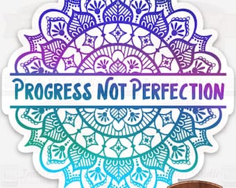 Progress Not Perfection vinyl sticker - affirmation  sticker- mandala  sticker- book lover Girl - purple blue teal sticker