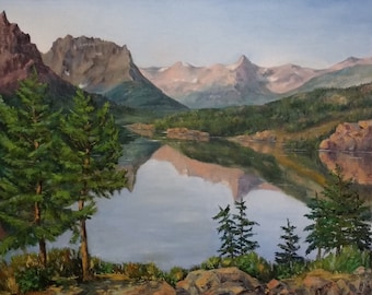 Mountain lake landscape reflection in water forest sunset in mountains