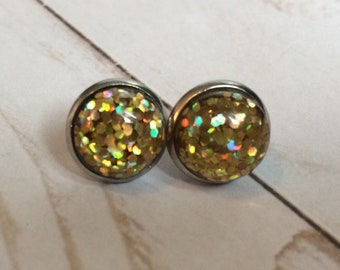 Gold Holographic Glitter Earrings | 14 mm Holo Sparkle Stainless Steel Sparkly Post Earrings | Stocking Stuffer | Gift For Women