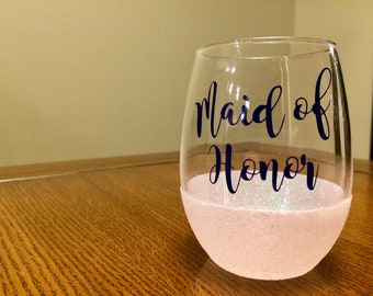 Maid of Honor Glittered Stemless Wine Glass | Bridal Party Gifts | Customized Wine Glasses | Wedding Party Gifts | Bridesmaid Wine Glass