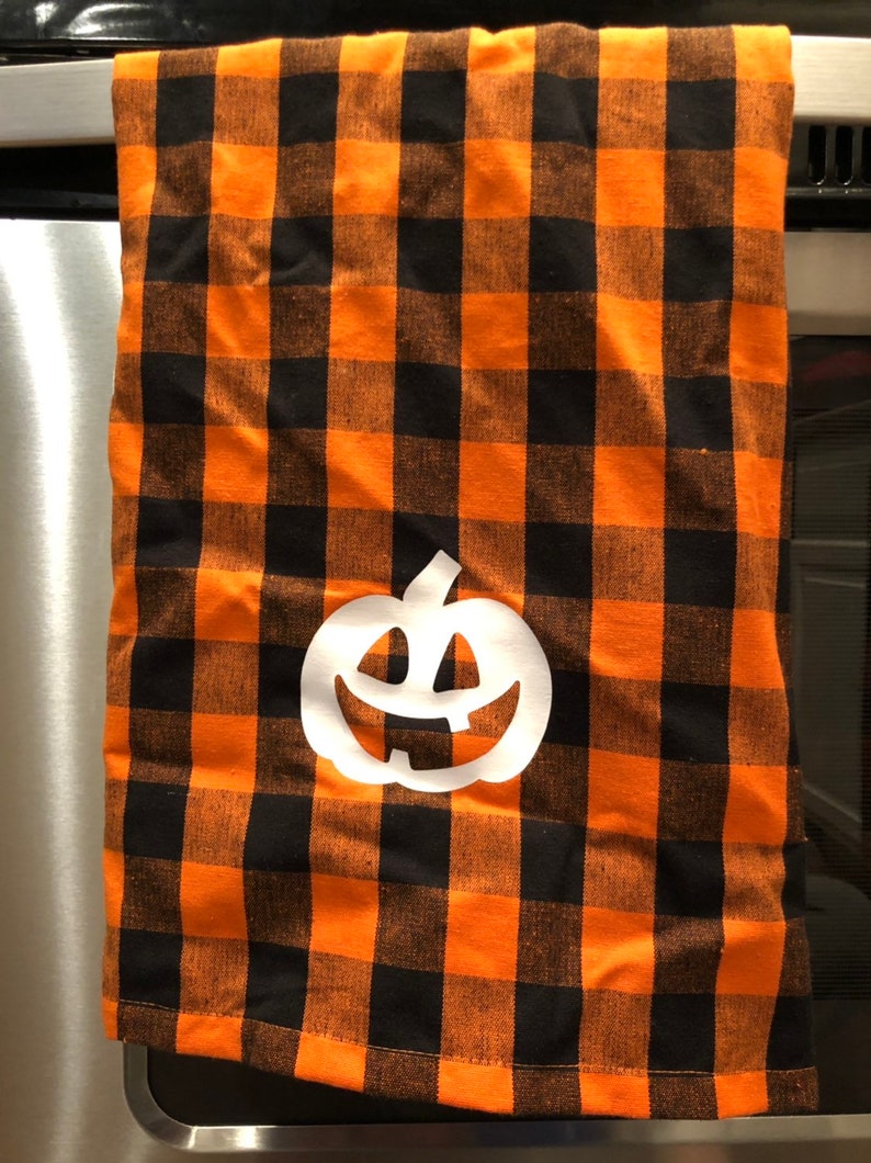 Buffalo Plaid Halloween Towels Cotton Pumpkin Jack O Lanter Kitchen Linen Happy Halloween Decor Farmhouse Orange and Black Hand Towel image 3