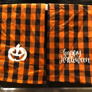 Buffalo Plaid Halloween Towels Cotton Pumpkin Jack O Lanter Kitchen Linen Happy Halloween Decor Farmhouse Orange and Black Hand Towel image 2