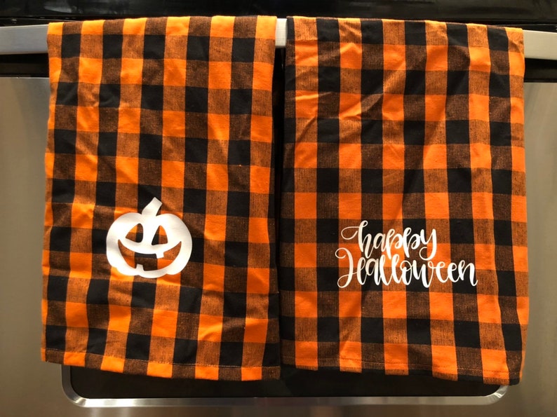 Buffalo Plaid Halloween Towels Cotton Pumpkin Jack O Lanter Kitchen Linen Happy Halloween Decor Farmhouse Orange and Black Hand Towel image 2