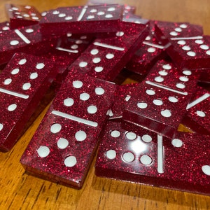 Red Glitter Dominoes |Standard Set of Double Six | Handmade Table Game | White Resin Custom Domino | Dominos