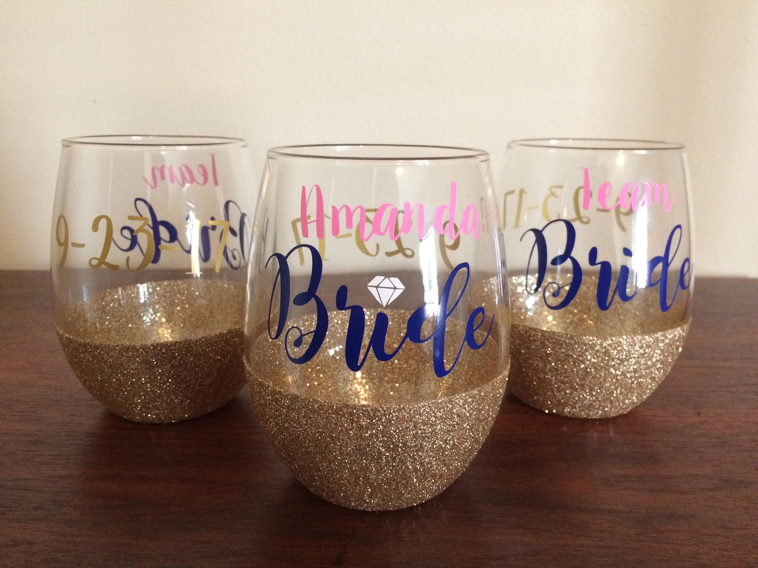 Wedding Glittered Stemless Wine Glasses Custom Drinking Etsy