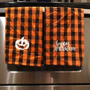 Buffalo Plaid Halloween Towels Cotton Pumpkin Jack O Lanter Kitchen Linen Happy Halloween Decor Farmhouse Orange and Black Hand Towel image 1