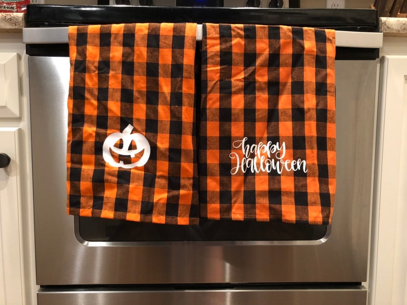 Buffalo Plaid Halloween Towels Cotton Pumpkin Jack O Lanter Kitchen Linen Happy Halloween Decor Farmhouse Orange and Black Hand Towel image 1