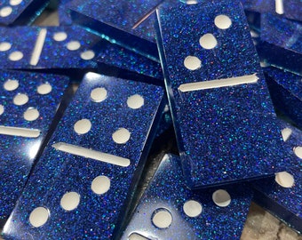 Blue Holographic Glitter Dominoes |Standard Set of Double Six | Handmade Table Game | White Resin Custom Domino | Dominos