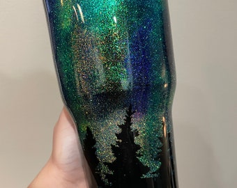 Northern Lights Glitter Tumbler | Personalized Black Travel Mug | Custom Cup | Purple, Green, Blue Ozark Trail