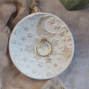 Celestial Trinket Dish, Witchy Pagan Jewelry Dish, Jewellery Storage, Trinket Tray Gold + White Clay Dish, Ring Bowl, Stars & Moon Ring Dish