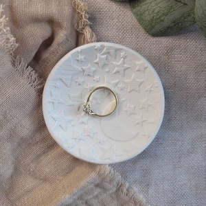 Celestial Trinket Dish, Witchy Pagan Jewelry Dish, Jewellery Storage, Trinket Tray, White Clay Dish, Ring Bowl, Stars & Moon Ring Dish