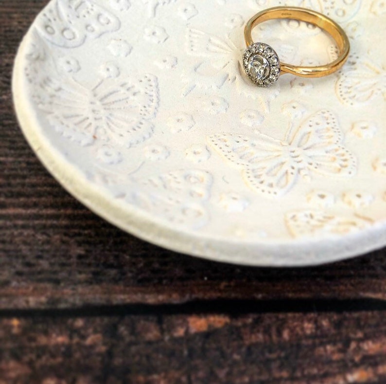 Pinch Bowl Wedding Ring Holder Jewelry Dish Butterfly Clay Trinket Dish Embossed Clay For Her Ring Dish Papillon Jewellery Plate