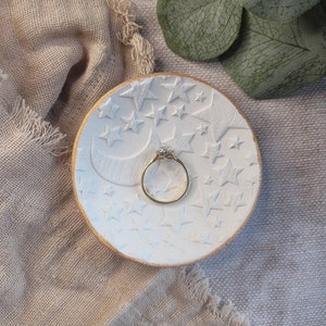 Celestial Trinket Dish, Witchy Pagan Jewelry Dish, Jewellery Storage, Trinket Tray Gold + White Clay Dish, Ring Bowl, Stars & Moon Ring Dish