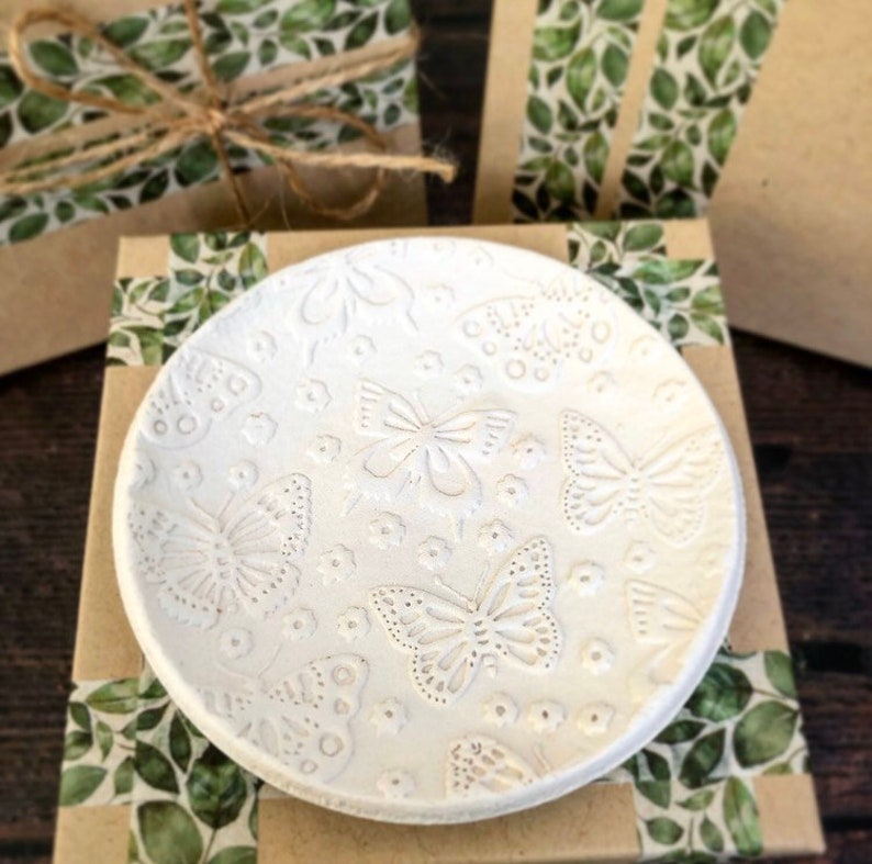 Pinch Bowl Wedding Ring Holder Jewelry Dish Butterfly Clay Trinket Dish Embossed Clay For Her Ring Dish Papillon Jewellery Plate