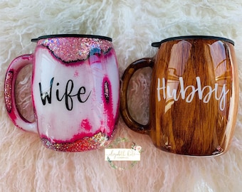 Custom, Personalized, Geode, Wood Grain , Stainless Steel, Tumbler, Cup, Hubby, Wife, Wifey, Set